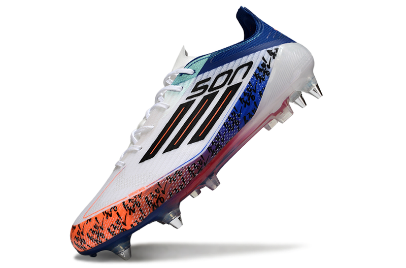Chuteira Adidas F50 Son Elite SG - Branca, Azul e Laranja