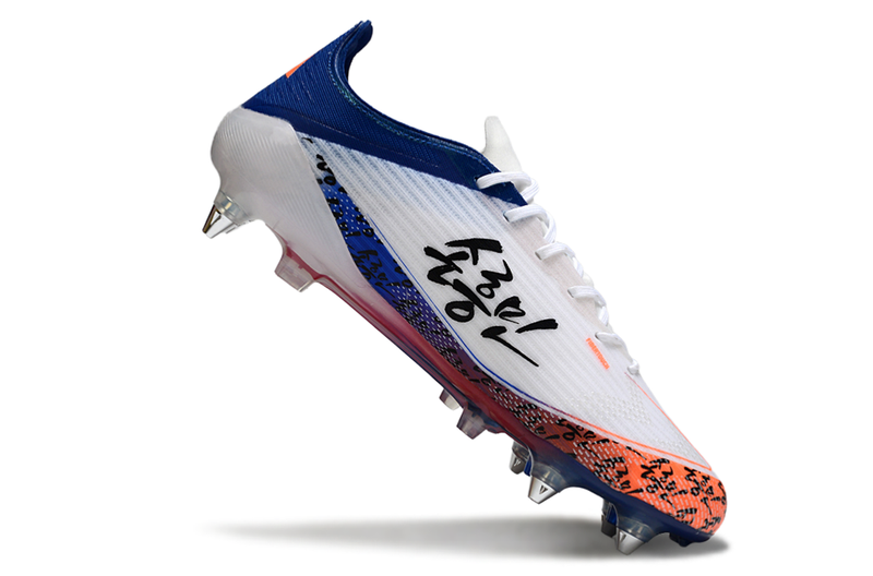 Chuteira Adidas F50 Son Elite SG - Branca, Azul e Laranja