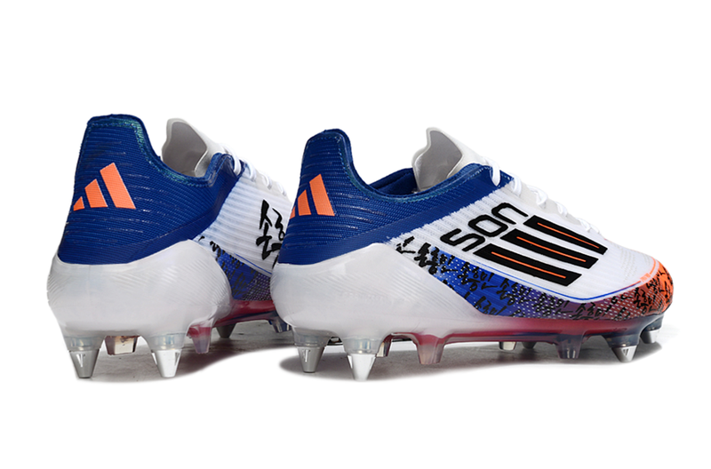 Chuteira Adidas F50 Son Elite SG - Branca, Azul e Laranja