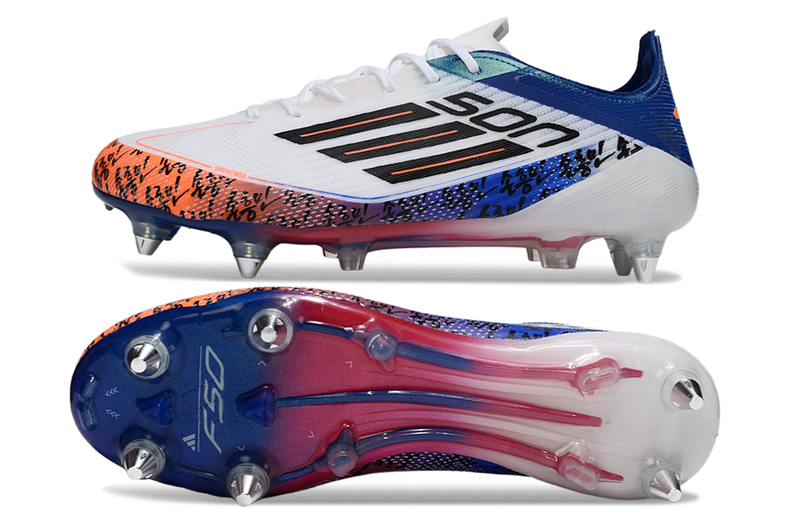 Chuteira Adidas F50 Son Elite SG - Branca, Azul e Laranja