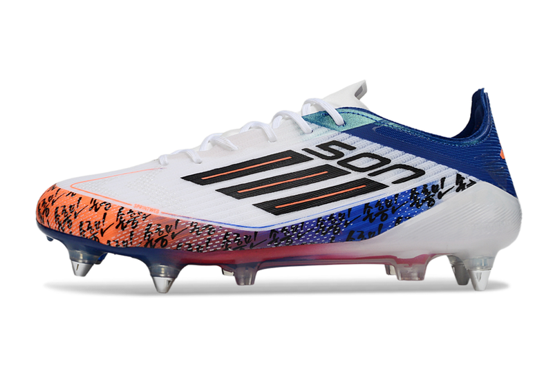 Chuteira Adidas F50 Son Elite SG - Branca, Azul e Laranja